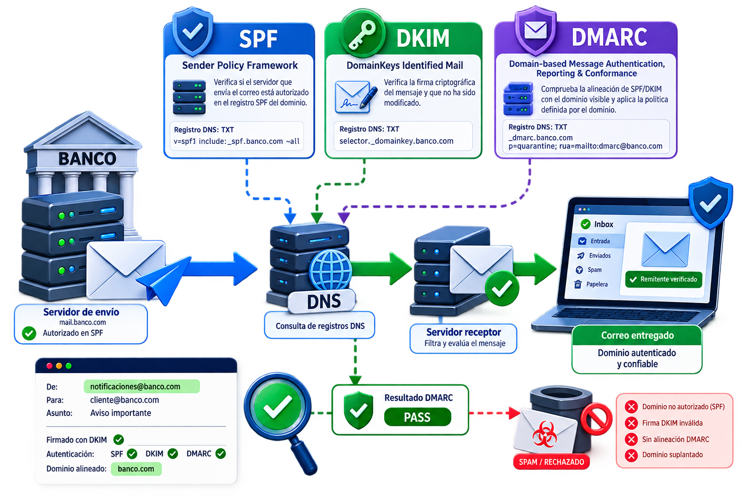 Esquema de autenticación de correo electrónico mediante SPF, DKIM y DMARC