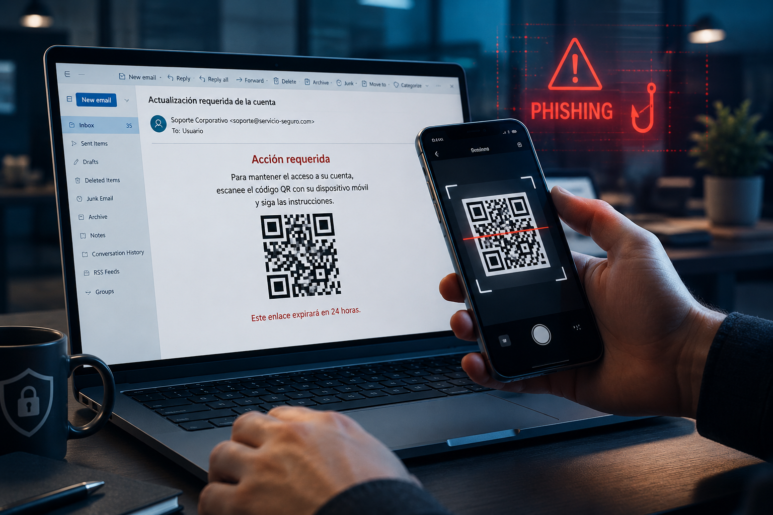 Usuario escaneando con un teléfono móvil un código QR recibido en un correo electrónico de phishing