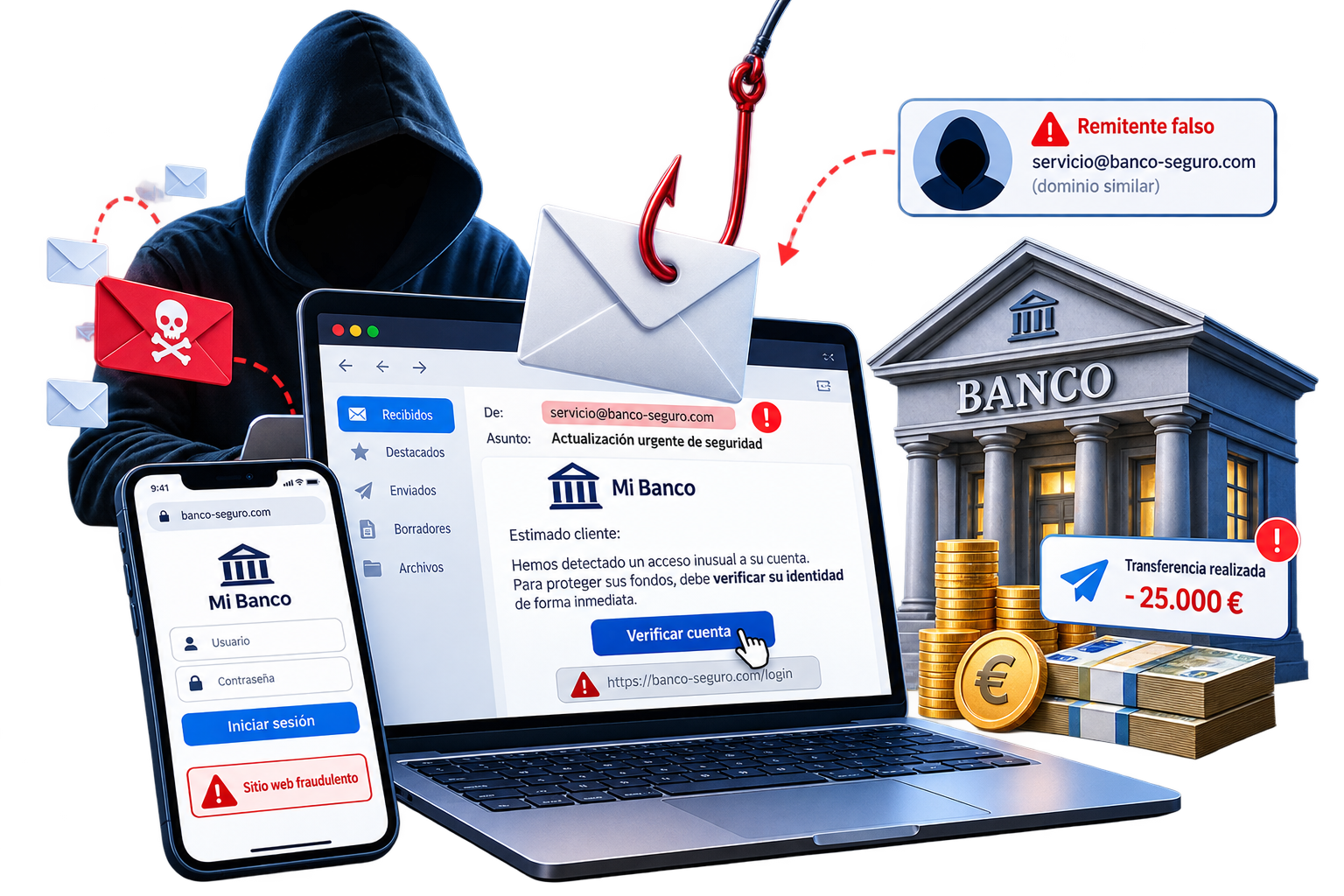 Representación de phishing y Business Email Compromise en el sector bancario